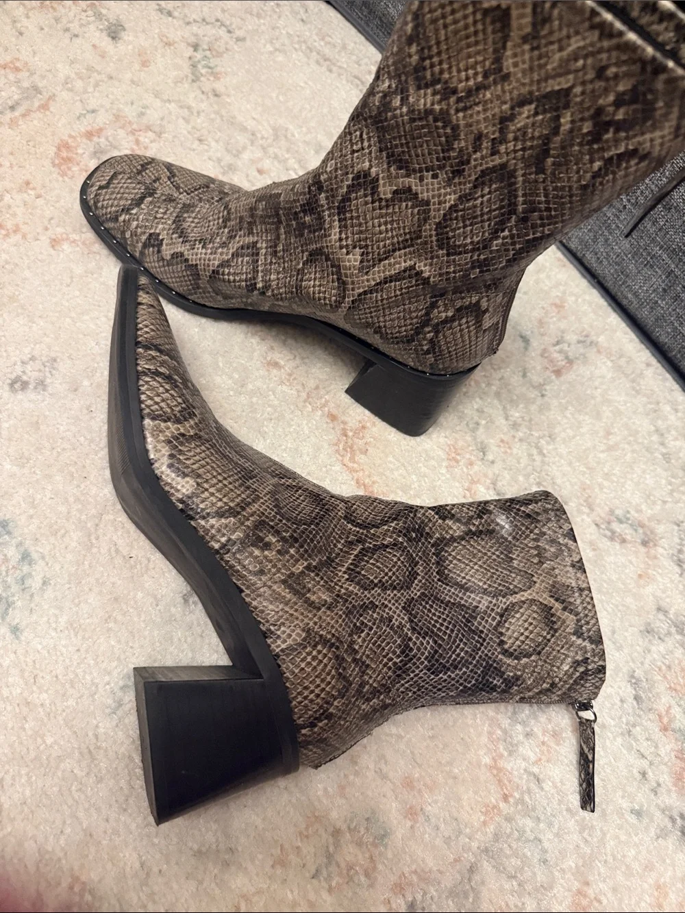 Snake-Print Mid-Heel Ankle Booties in Taupe Brown